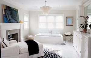 Interior design and animal prints - white bathroom with animal rug.jpg